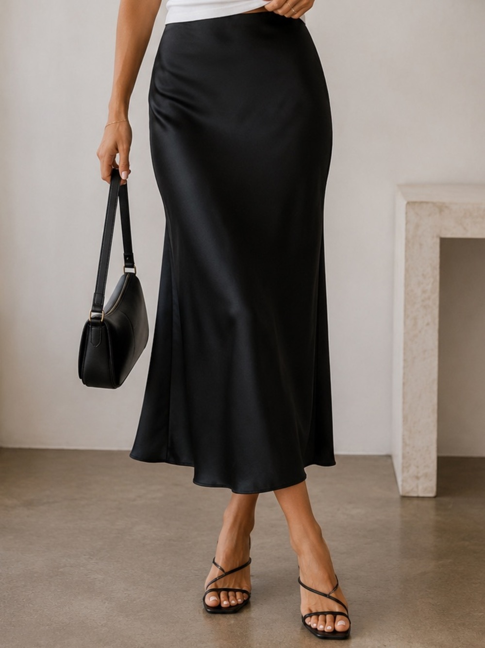 NWT fab'rik Charlie Black Satin Slip Skirt Midi Bias Cut Small